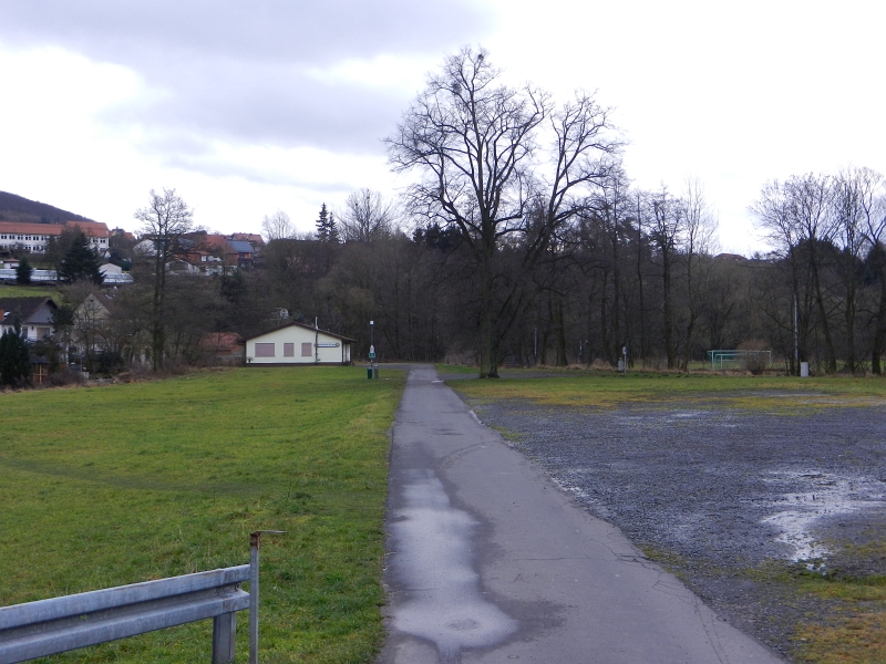 DSCN4729.JPG - Rechts nach dem Baum ist der eigentliche Womostellplatz mit Stromsäule, links am Wegesrand steht die V/E-Anlage. Dumm nur, man muss irgendwo im Ort oder an der Tankstelle das Ticket holen?!?! Wir wollen aber erstens nicht nochmal in den Ort fahren und zweitens eh nur das Museumsdorf anschauen... Aus diesem Grund...