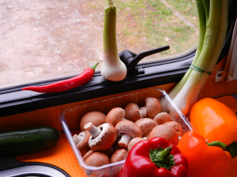 DSCN5996.JPG - Zurück im Dixi wird das Gemüse für's Abendessen geputzt und geschnippelt.