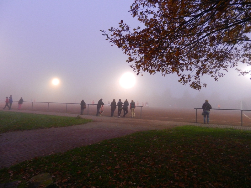 DSCN1318.JPG - Am Abend sind wir dann wieder zurück nach Niederkirchen gefahren. Der Stellplatz war vollgeparkt mit Pkw weil auf dem Sportplatz ein Fussballspiel stattfand.Der Nebel ist so dicht, dass man von der Mittellinie das Tor nicht sehen konnte.