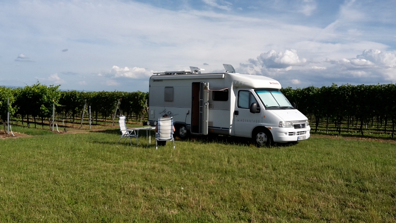 20160805_173450.jpg - Wir haben nun unser entgültiges Plätzchen gefunden und keine Minute später stehen zwei gefüllte Weingläser auf dem Tisch!So schnell sind wir im "Urlaub"! :-)