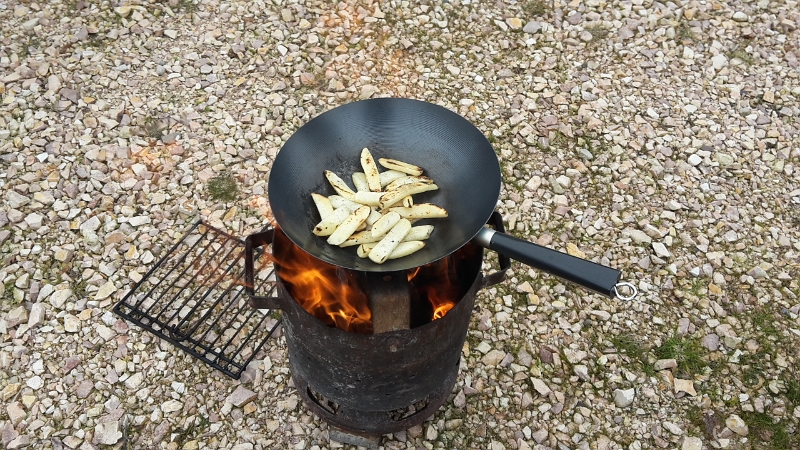 20160312_155318.jpg - Rotschi probiert Pommes Frites im Wok über dem Feuer zu grillen...