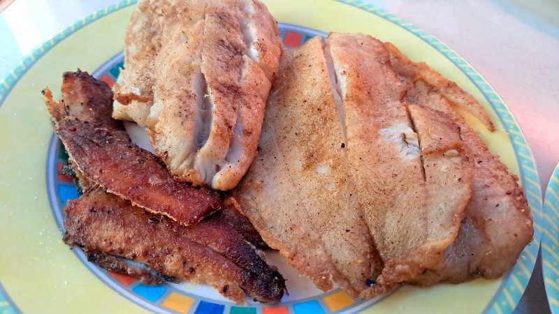 20261003_182246.jpg - Zum Abendessen brutzeln wir vorm Womo frischen Fisch.Sardinen-, Merlan- und Lengfischfilets.